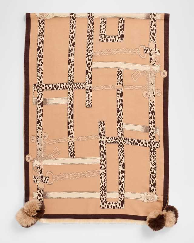 Animal-Print Scarf W/ Faux Fur Poms